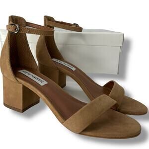 NEW Steve Madden Tan Suede Heels Size 5.5 Ankle Strap Quiet Luxury Neutral Pump